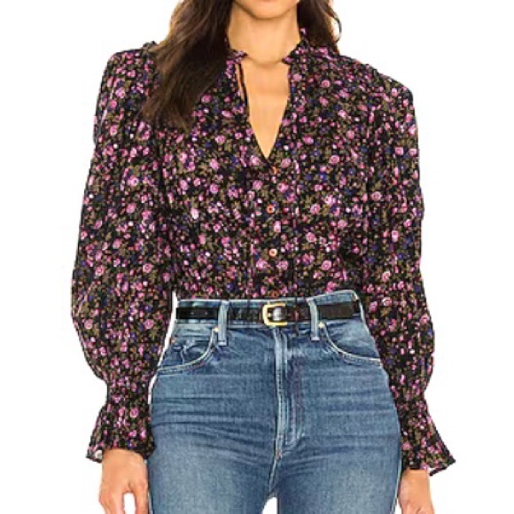 🥀 Free People V-Neck Ruffled Rosebud Top, NWOT, size Large - Picture 1 of 9